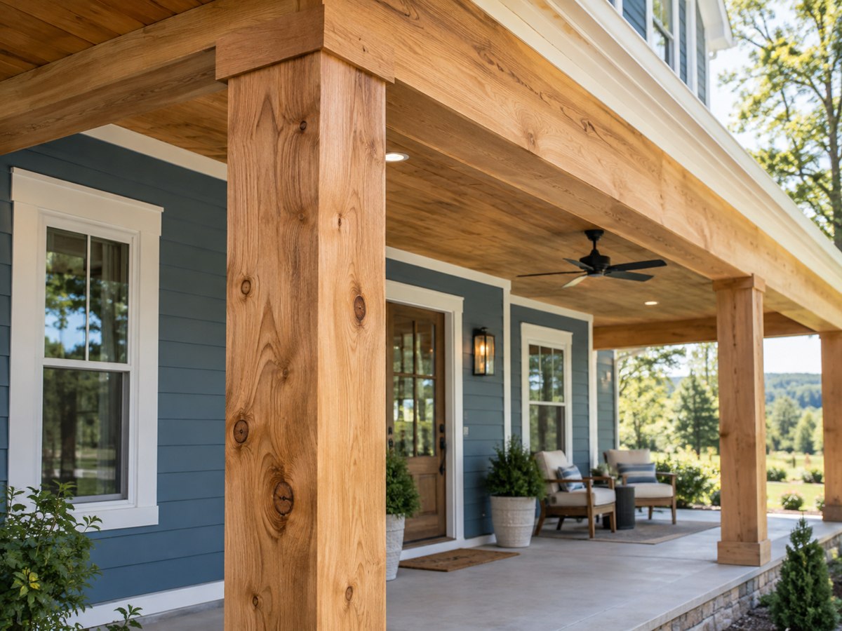 Porch with cedar wrapped beams and square posts